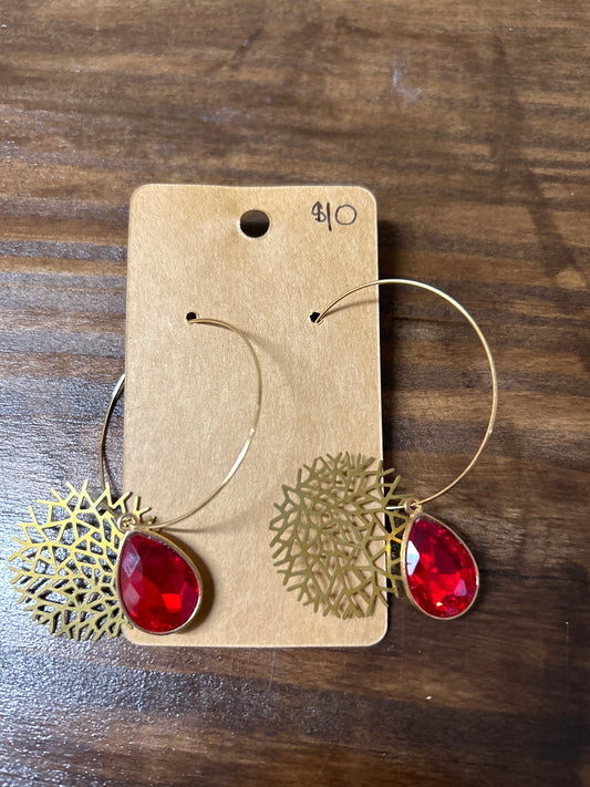 Garnet and Gold Hoop Earrings